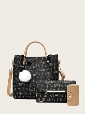 3pcs Pom Pom Charm Letter Graphic Tote Bag Set