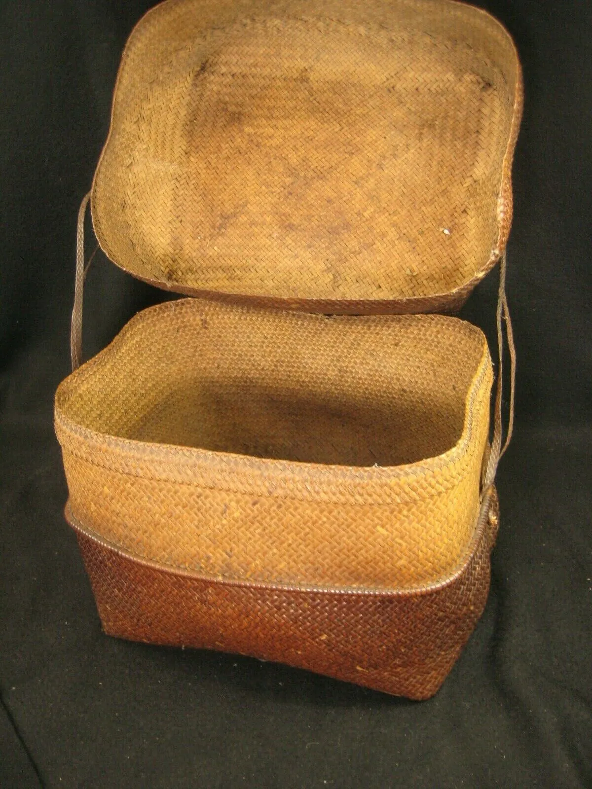 Antique Japanese  Chinese Showa Era (C. 1930) Bamboo Lidded Bag Kago Basket