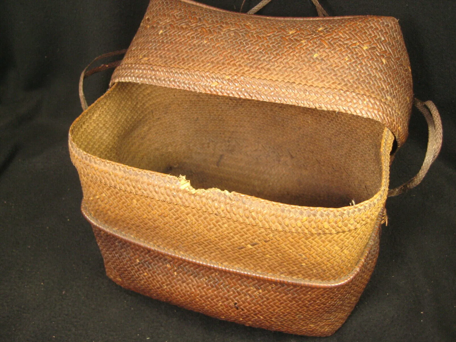 Antique Japanese  Chinese Showa Era (C. 1930) Bamboo Lidded Bag Kago Basket