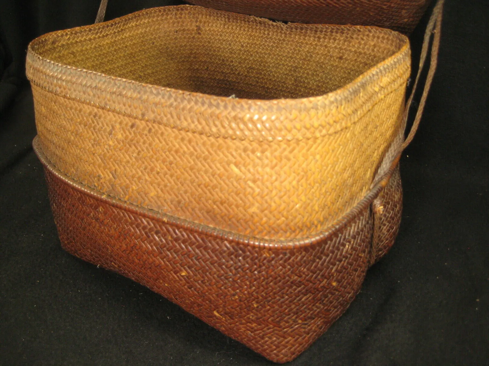 Antique Japanese  Chinese Showa Era (C. 1930) Bamboo Lidded Bag Kago Basket