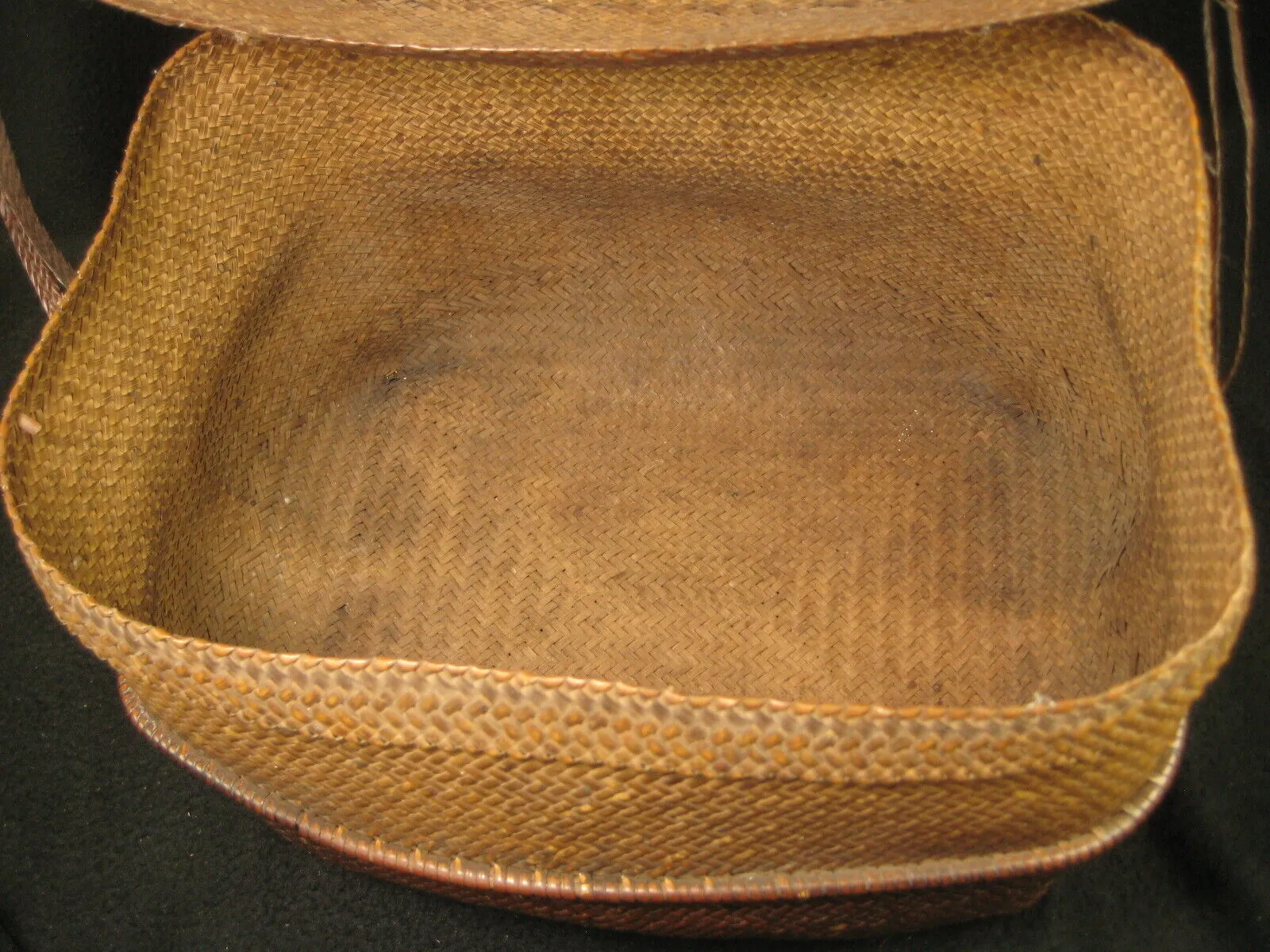 Antique Japanese  Chinese Showa Era (C. 1930) Bamboo Lidded Bag Kago Basket