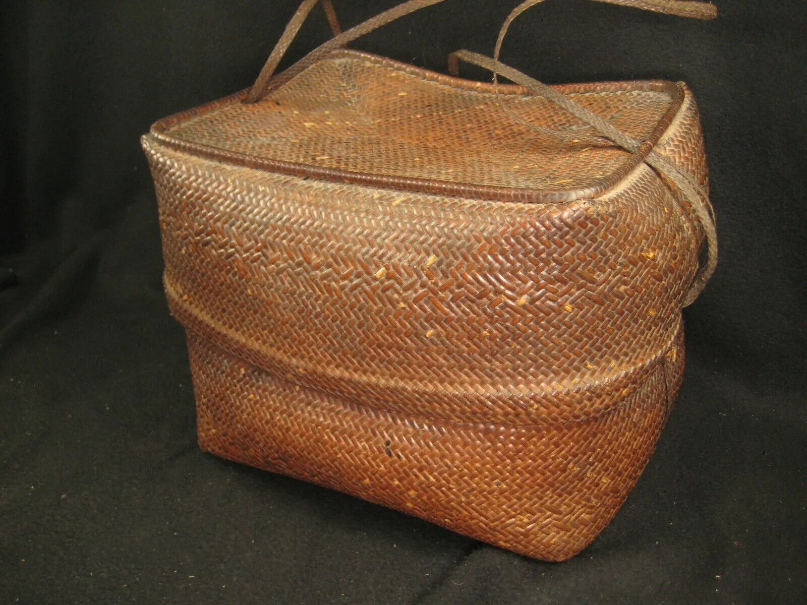 Antique Japanese  Chinese Showa Era (C. 1930) Bamboo Lidded Bag Kago Basket