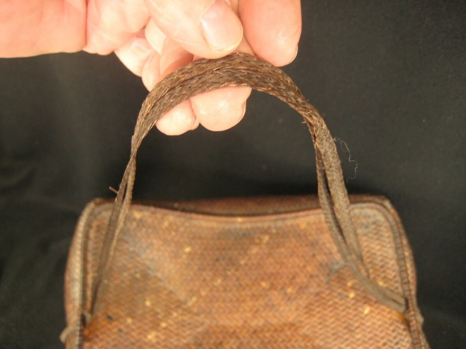 Antique Japanese  Chinese Showa Era (C. 1930) Bamboo Lidded Bag Kago Basket