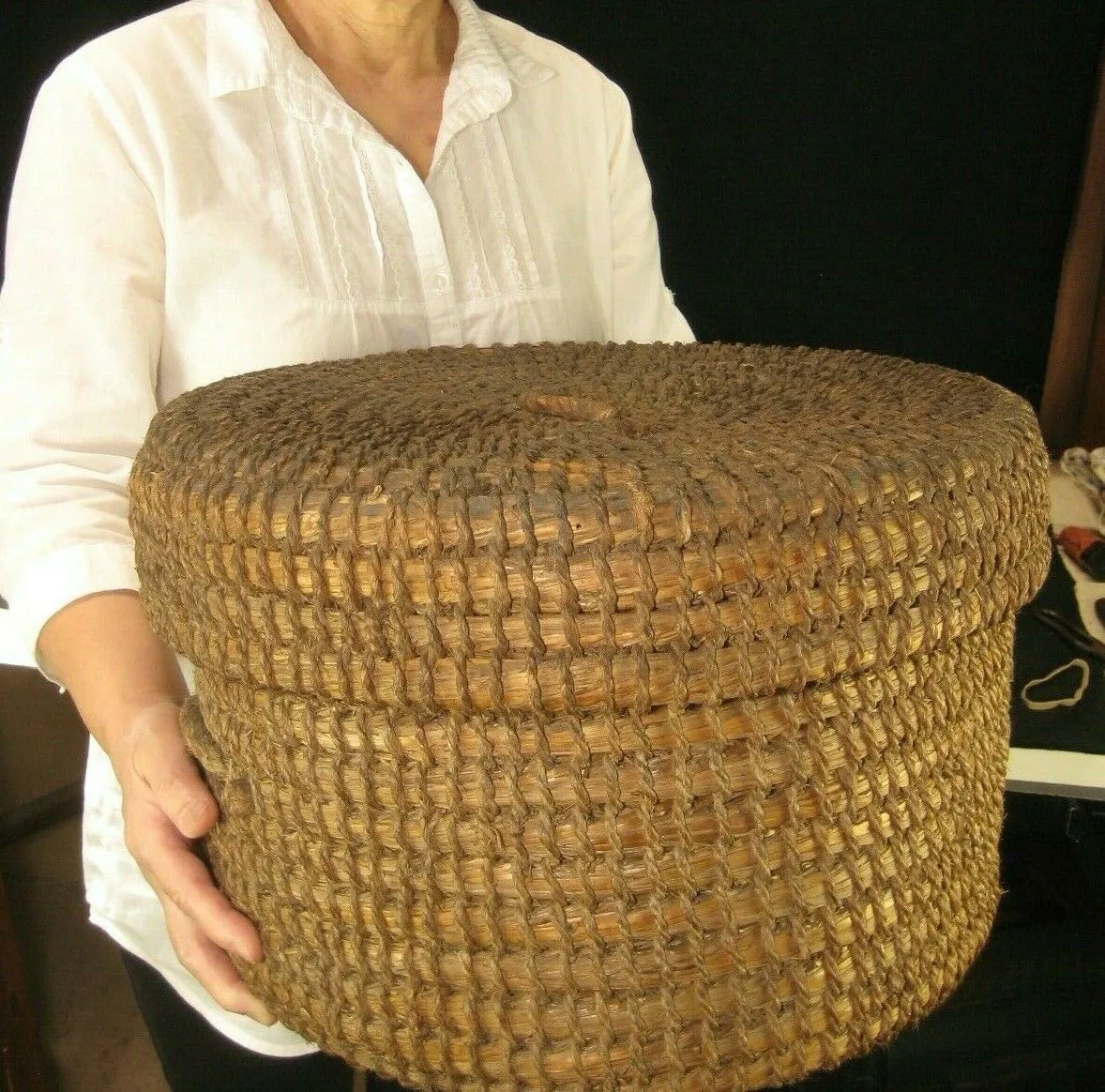 Antique Japanese Taisho Era (C. 1920) Rope Weave Kago Lidded Storage Basket