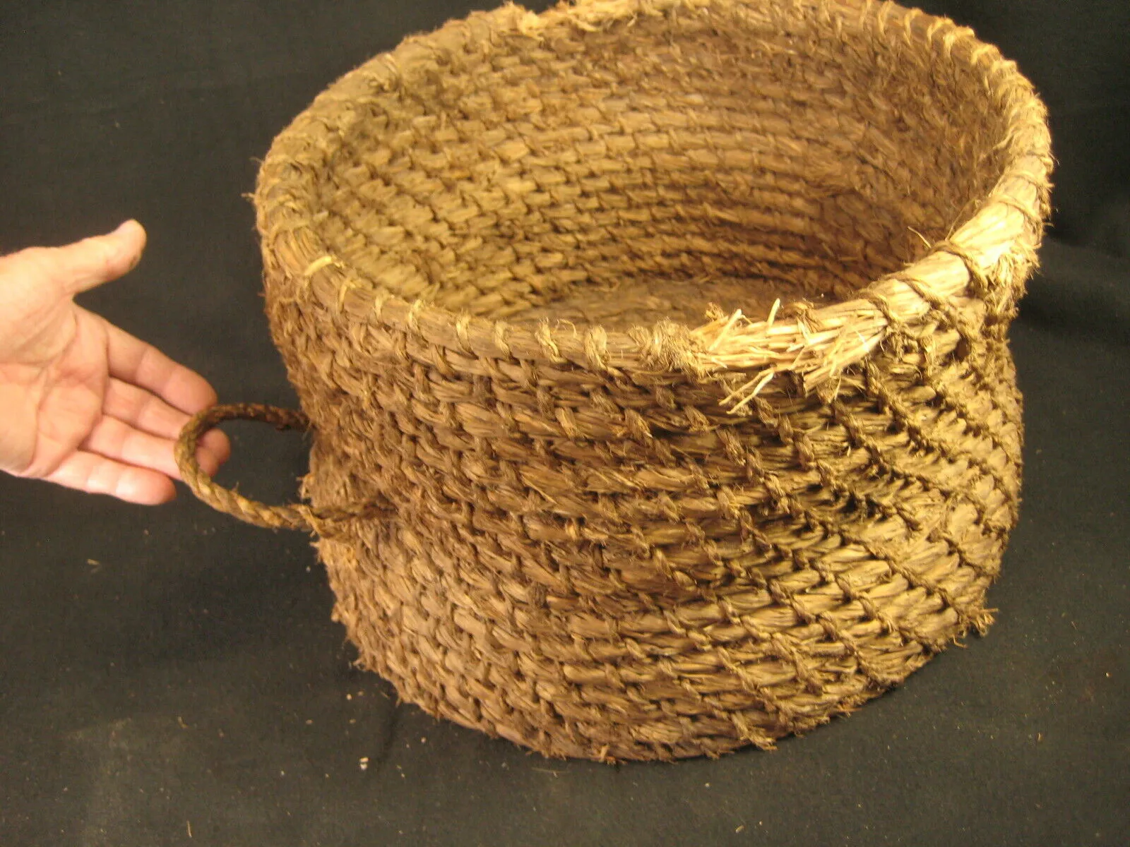 Antique Japanese Taisho Era (C. 1920) Rope Weave Kago Lidded Storage Basket