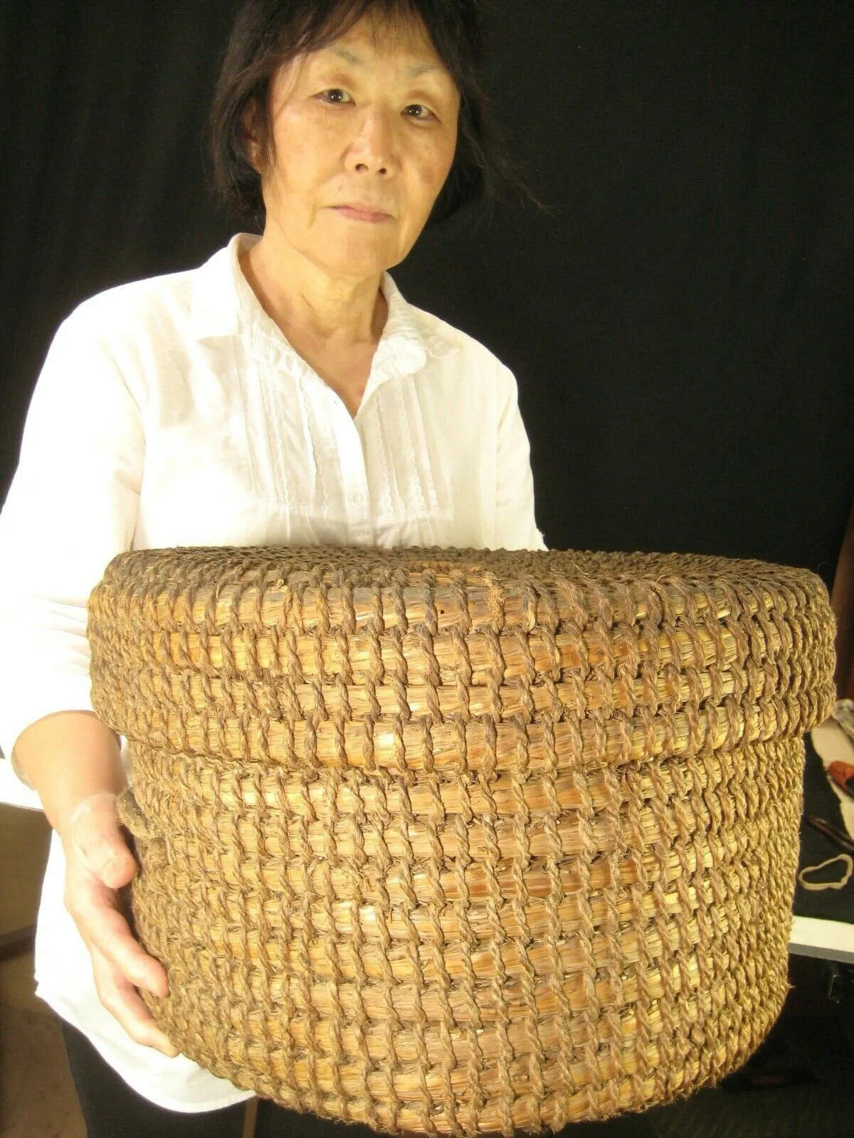 Antique Japanese Taisho Era (C. 1920) Rope Weave Kago Lidded Storage Basket