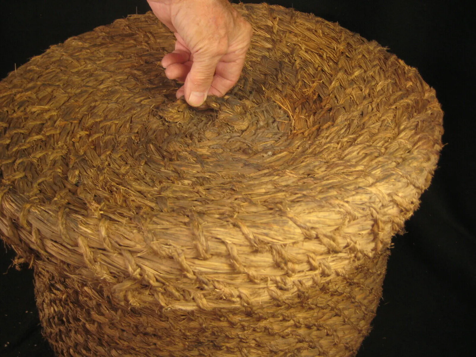 Antique Japanese Taisho Era (C. 1920) Rope Weave Kago Lidded Storage Basket