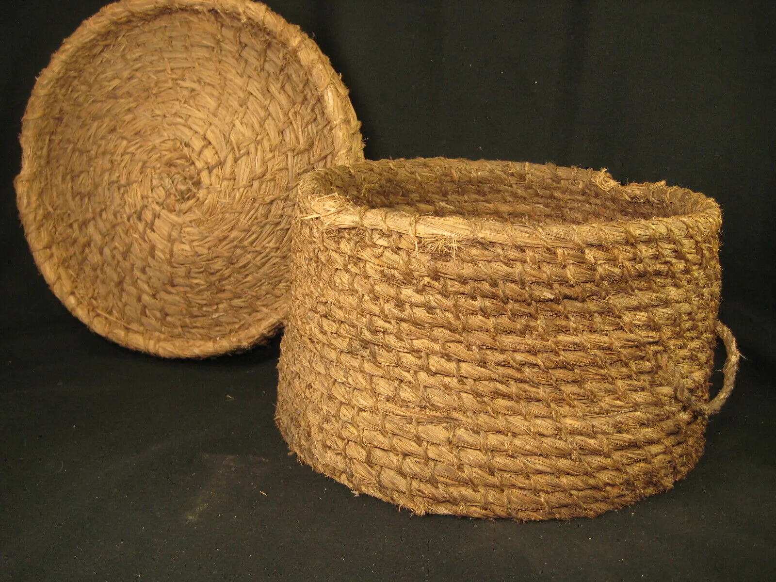 Antique Japanese Taisho Era (C. 1920) Rope Weave Kago Lidded Storage Basket