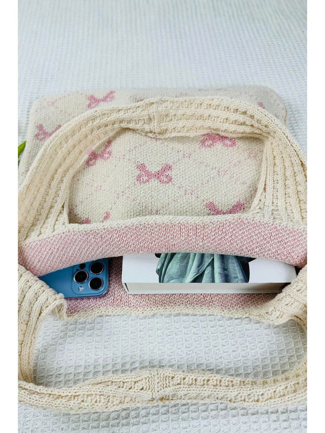 Beige Sweet Bowknot Print Textured Knitting Strap Shoulder Bag