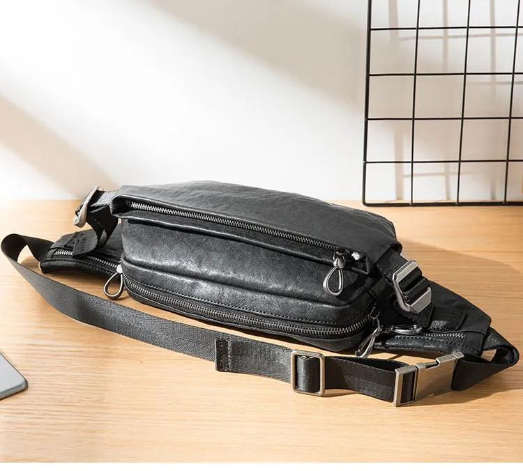 Black Casual Leather Mens 8inches Sling Bag Chest Bag Black One Shoulder Backpack for Men