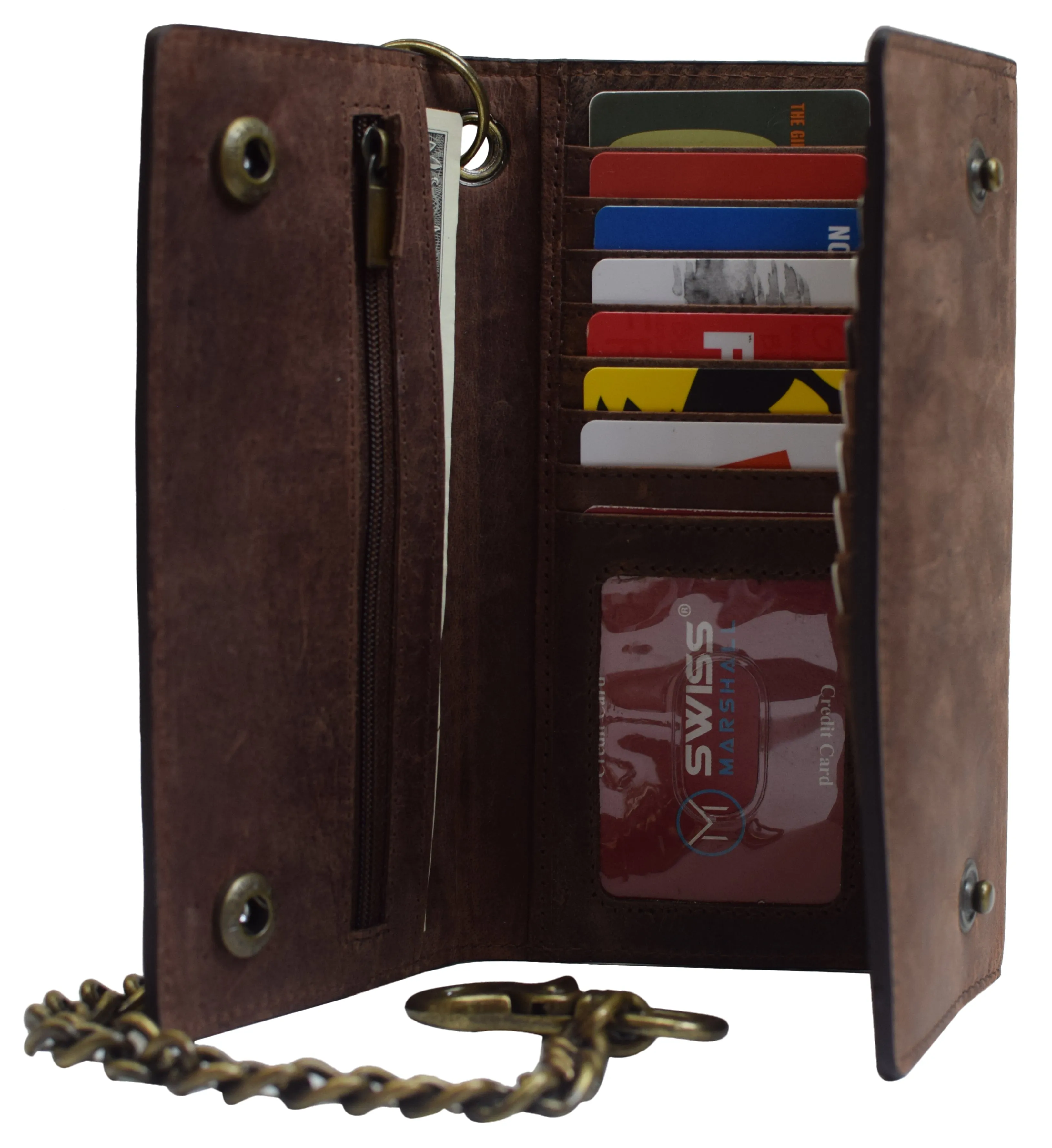 Brown Vintage Leather RFID Blocking Men's Biker Long Trifold Chain Wallet