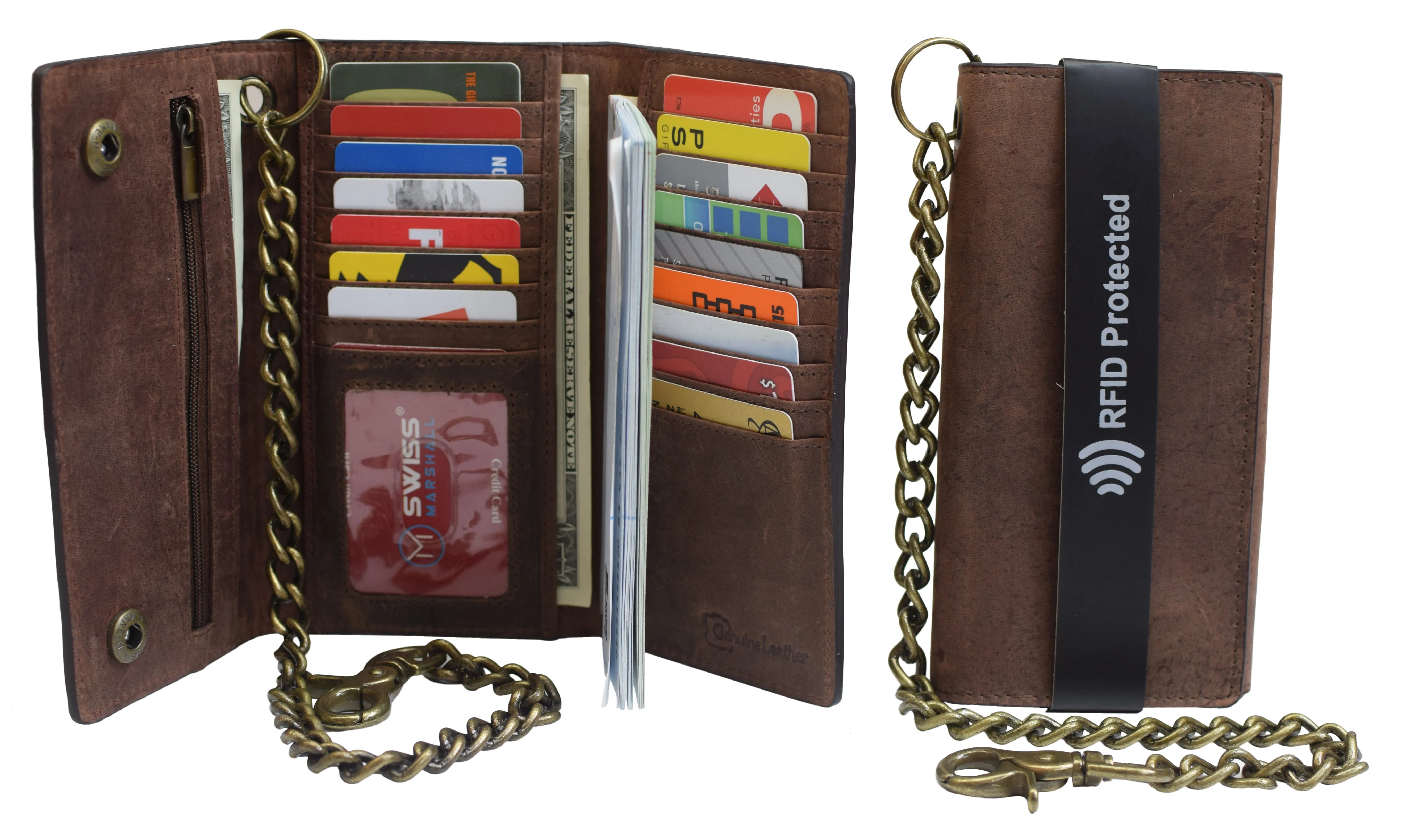 Brown Vintage Leather RFID Blocking Men's Biker Long Trifold Chain Wallet