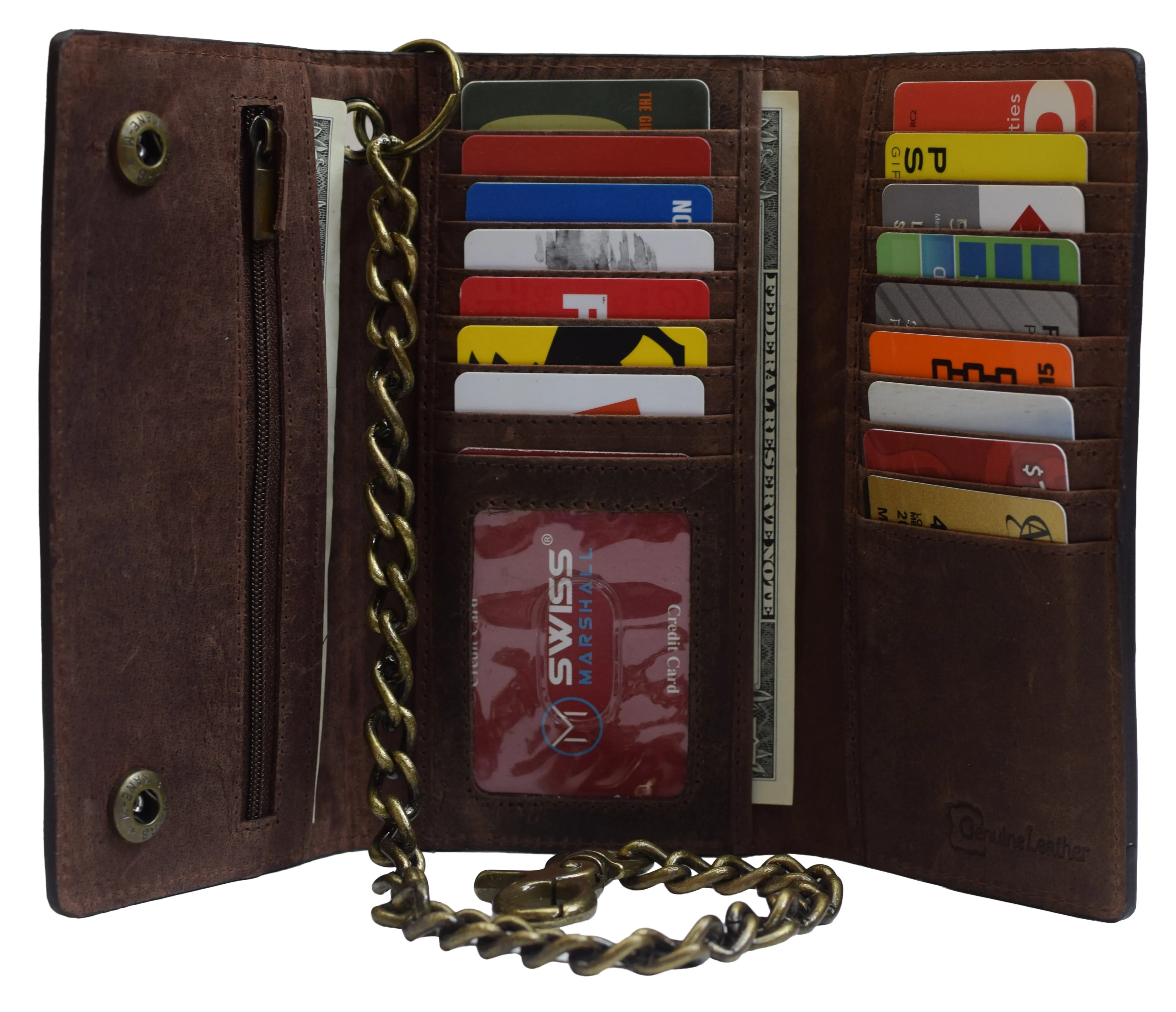 Brown Vintage Leather RFID Blocking Men's Biker Long Trifold Chain Wallet