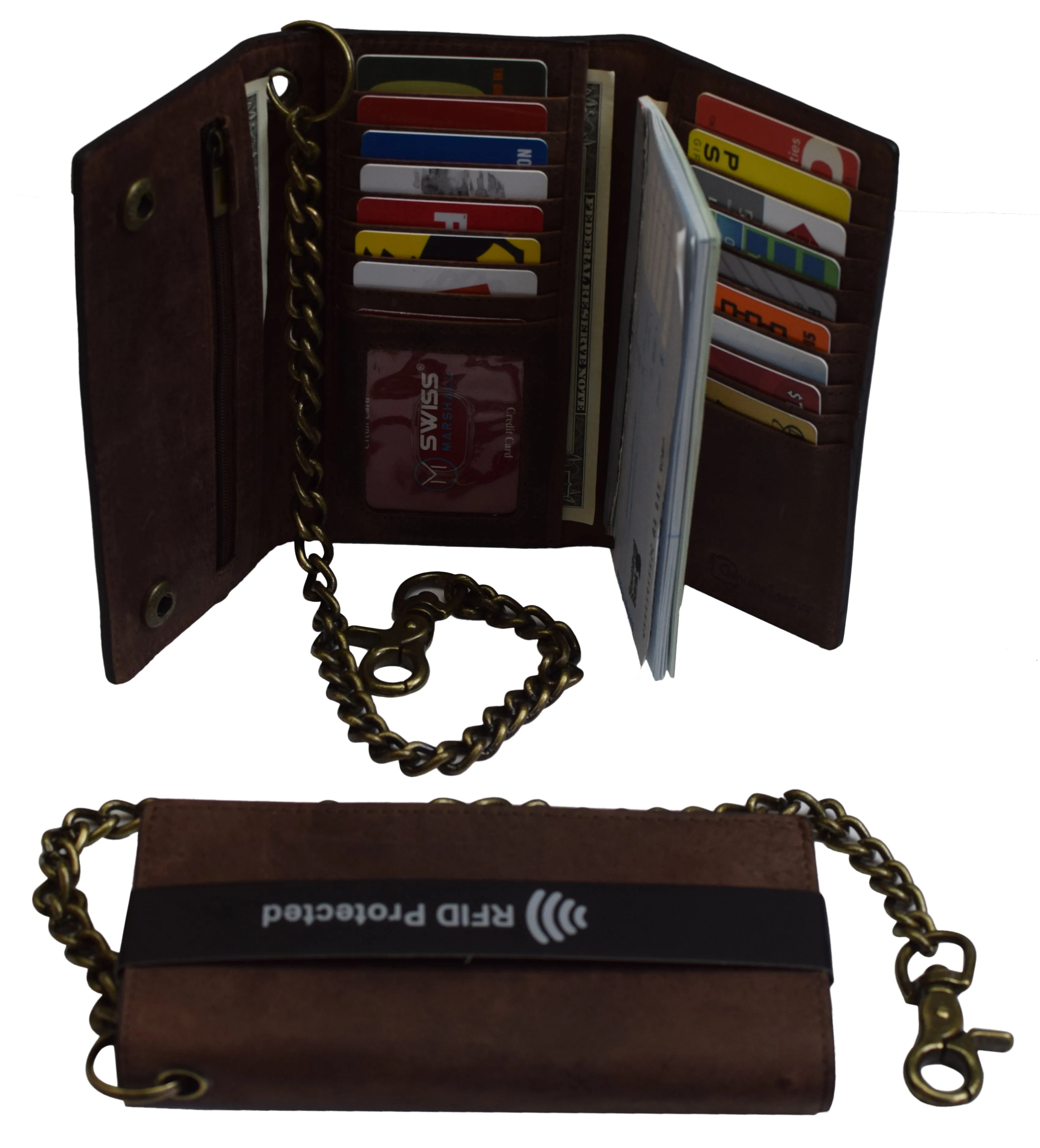Brown Vintage Leather RFID Blocking Men's Biker Long Trifold Chain Wallet