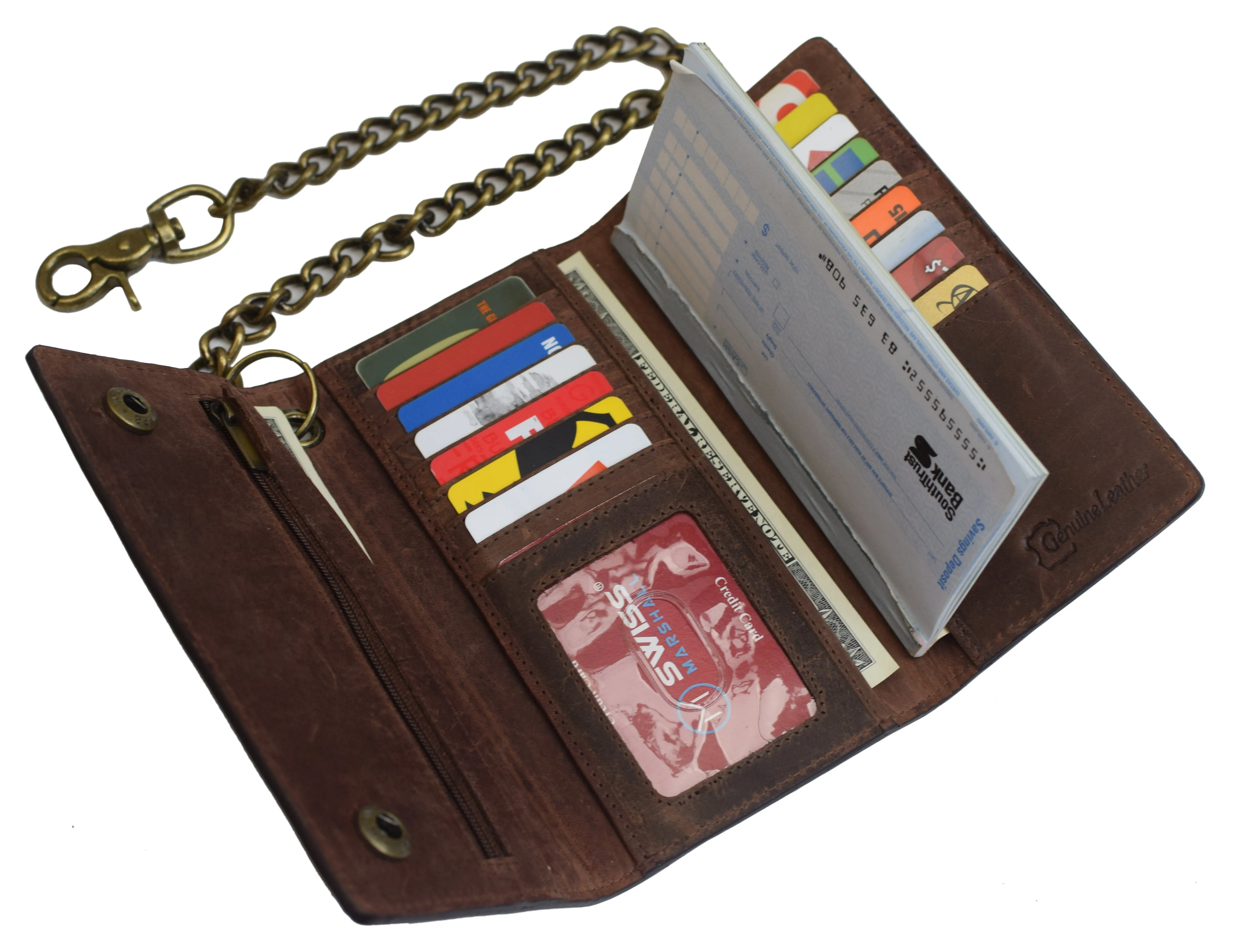Brown Vintage Leather RFID Blocking Men's Biker Long Trifold Chain Wallet