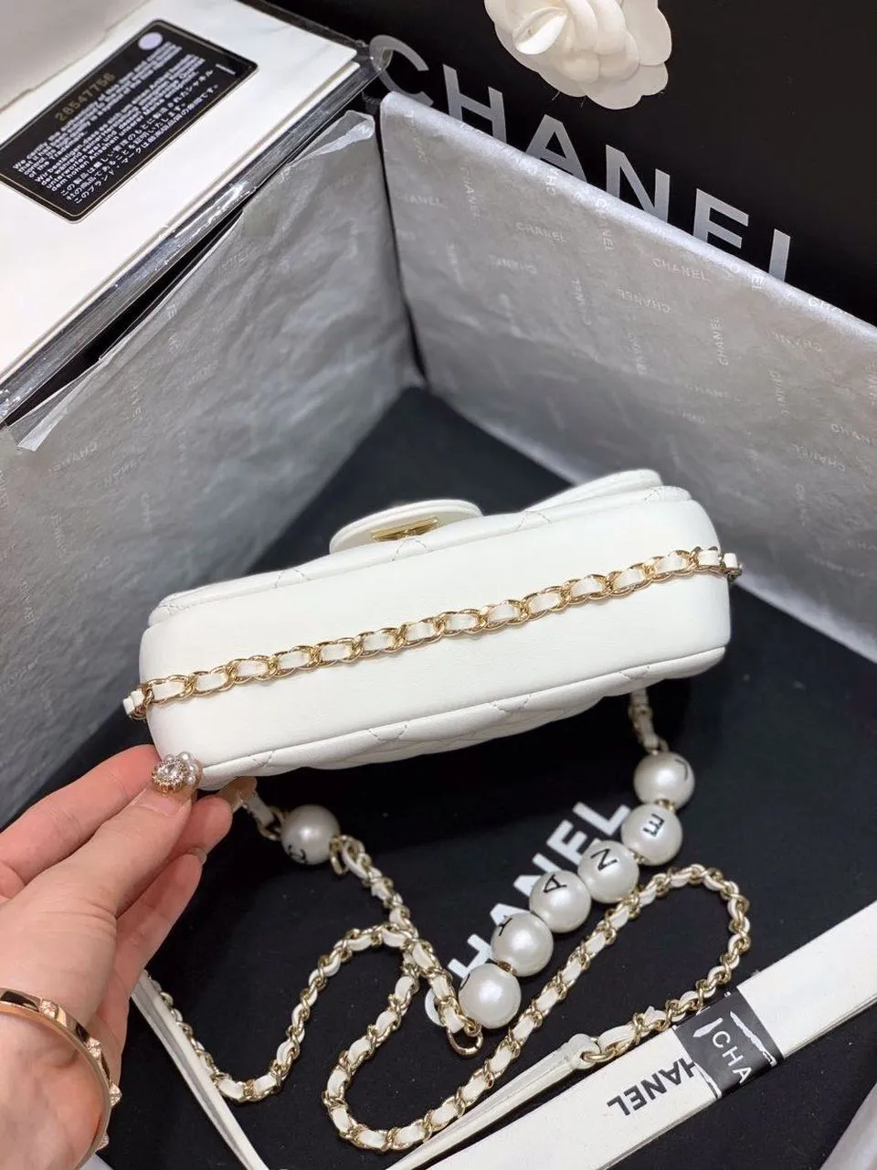 CHLSmall Pearl Logo Strap Flap Bag White For Women, Women&#8217;s Handbags, Shoulder And Crossbody Bags 7in/18cm AS1436