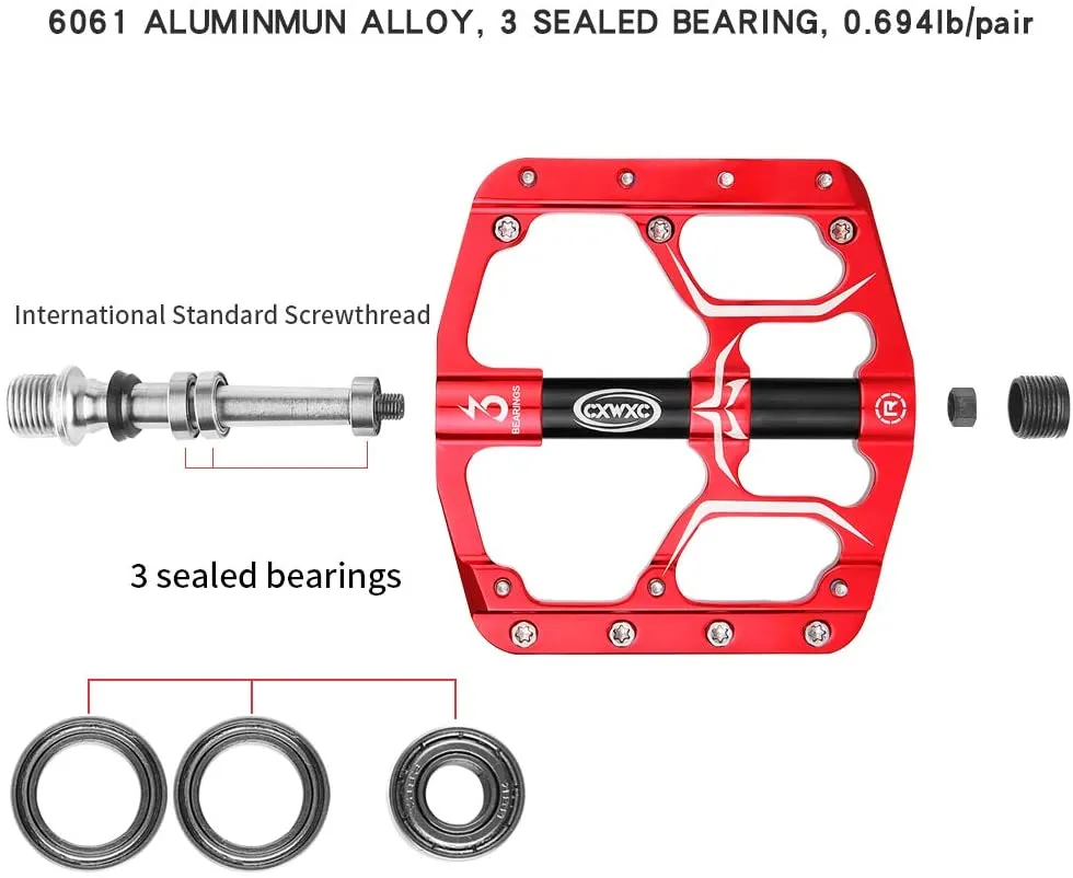 CXWXC Road/MTB Bike Pedals - 3 Bearings 9/16” Aluminum Alloy Bicycle Pedals - Mountain Bike Pedal with Removable Anti-Skid Nails