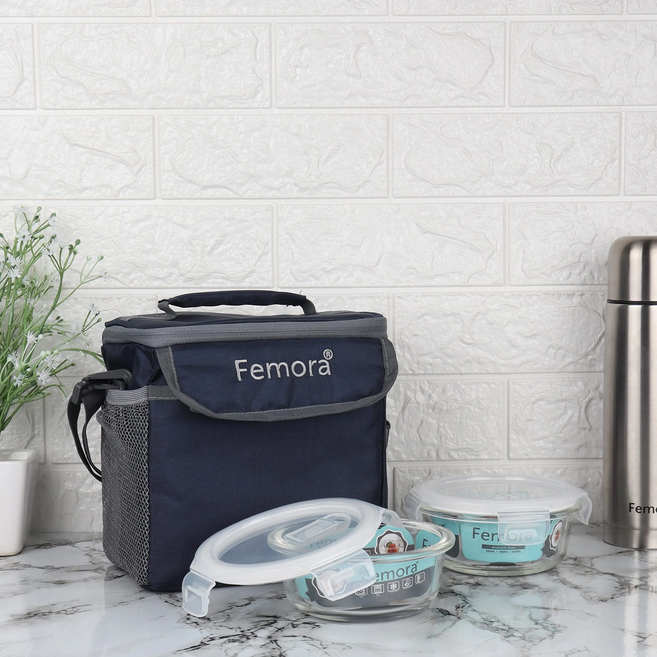 Femora Borosilicate Glass Microwave Safe Container Multipurpose Lunch Box for Office, Blue, Round 380 ml (2 Container)