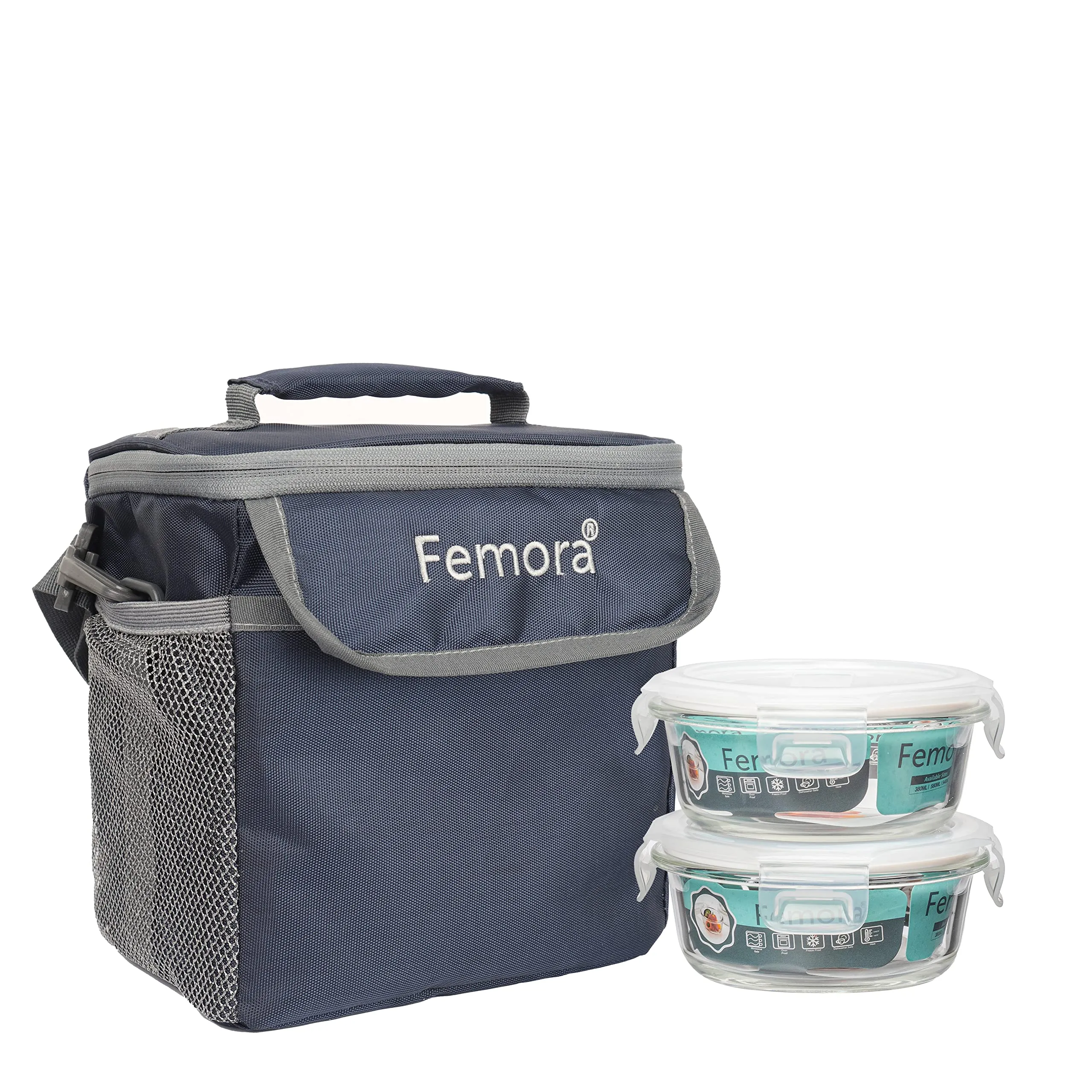 Femora Borosilicate Glass Microwave Safe Container Multipurpose Lunch Box for Office, Blue, Round 380 ml (2 Container)