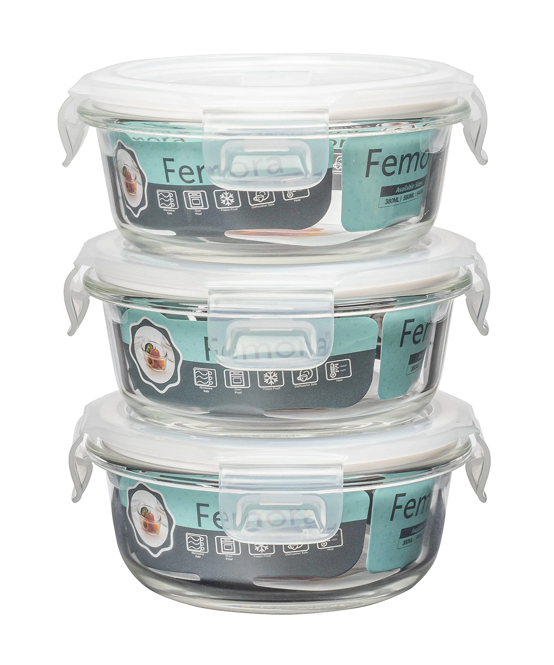 Femora Borosilicate Glass Microwave Safe Container Multipurpose Lunch Box for Office, Blue, Round 380 ml (3 Container)
