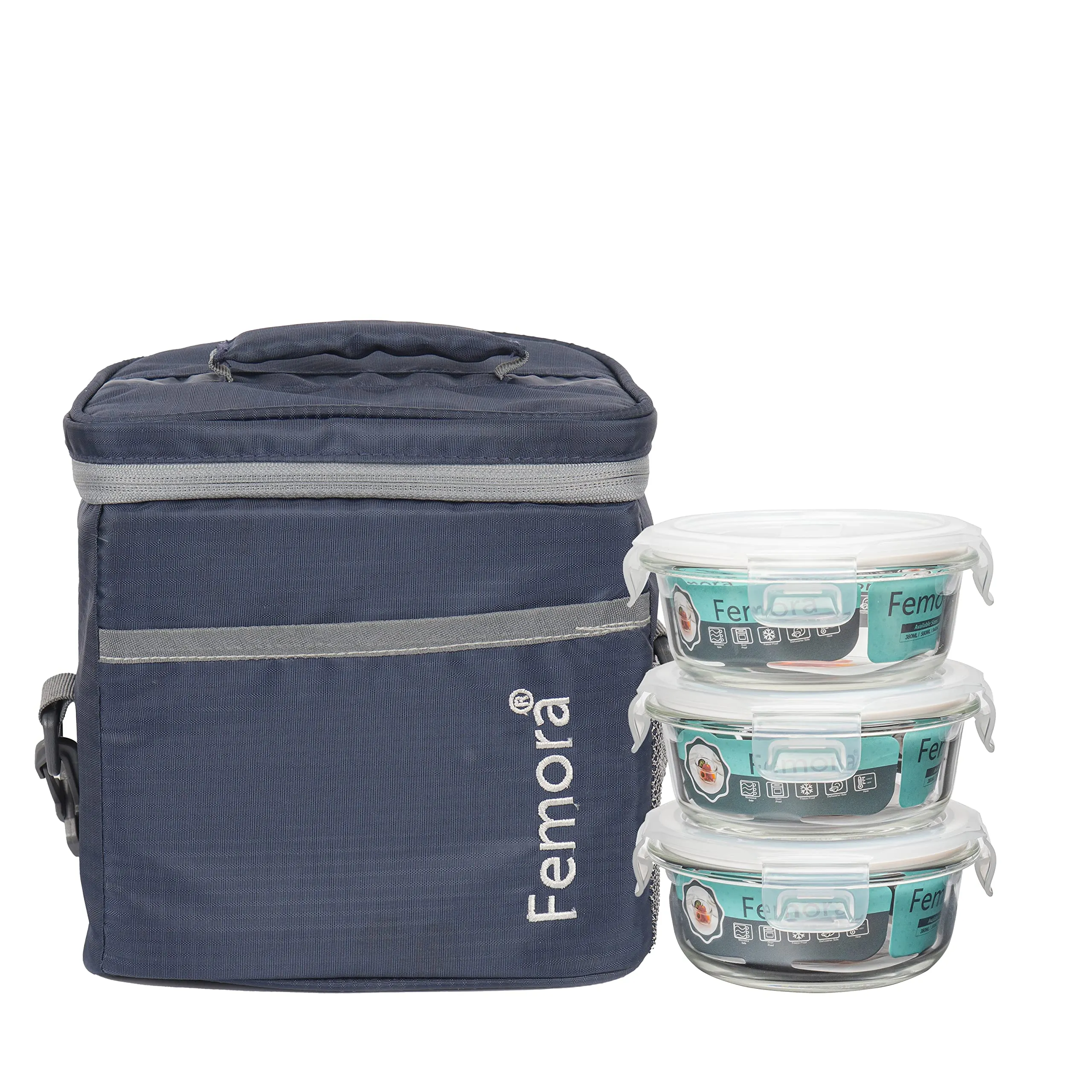 Femora Borosilicate Glass Microwave Safe Container Multipurpose Lunch Box for Office, Blue, Round 380 ml (3 Container)