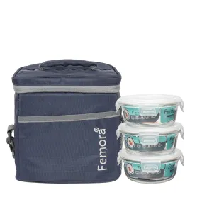 Femora Borosilicate Glass Microwave Safe Container Multipurpose Lunch Box for Office, Blue, Round 380 ml (3 Container)