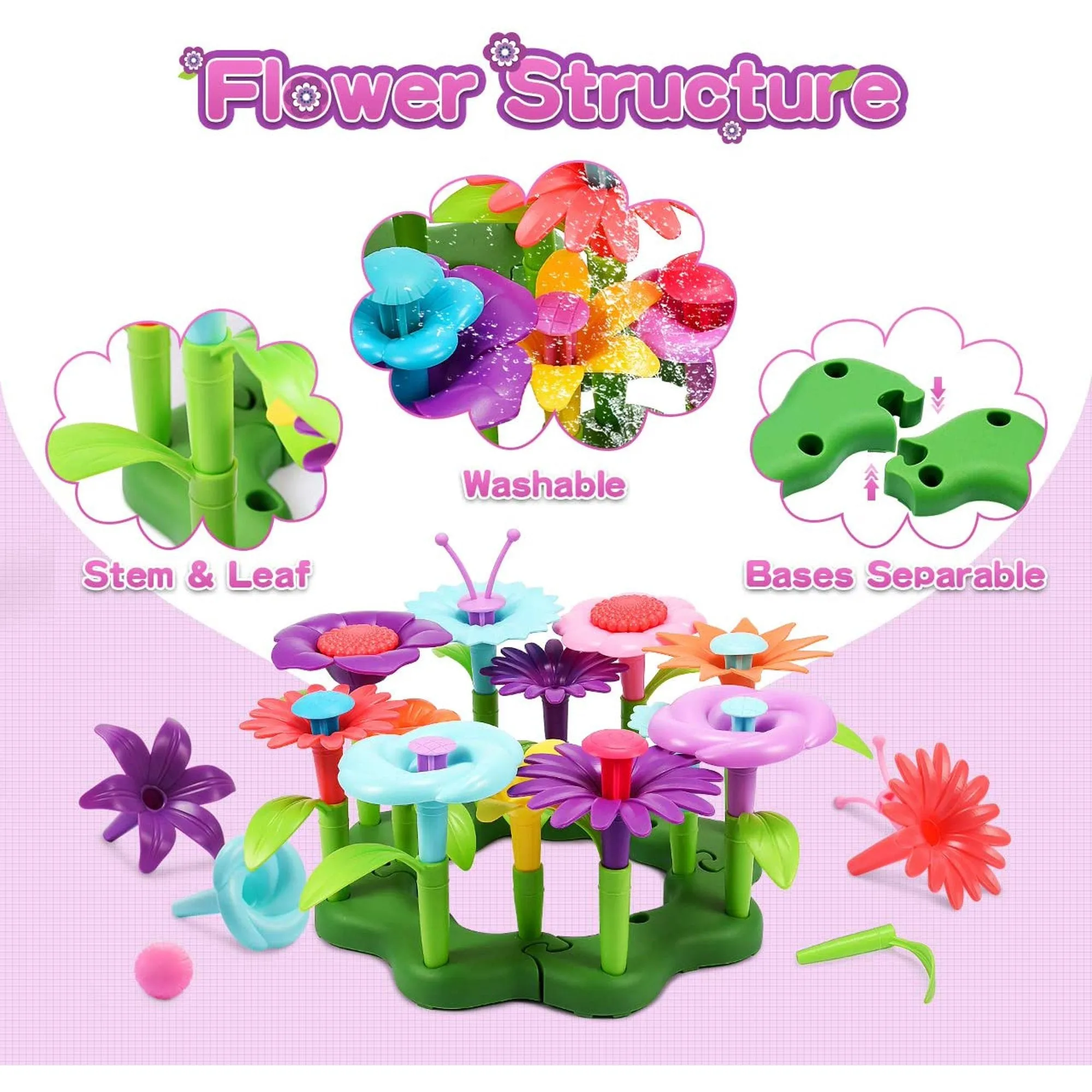 Flower Garden Building Toys for Girls 2 3 4 Year Old, Indoor Stacking Game Pretend Playset for Toddler, Educational Preschool Activities STEM Toy Gardening Gifts for Kids and Children ( 52 Pcs )