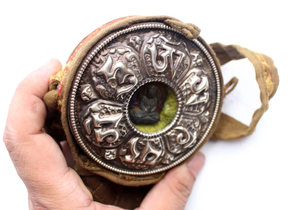 Hand Carved White Metal Amitabh Buddha Ghau Pendant in a Cotton Bag Cover
