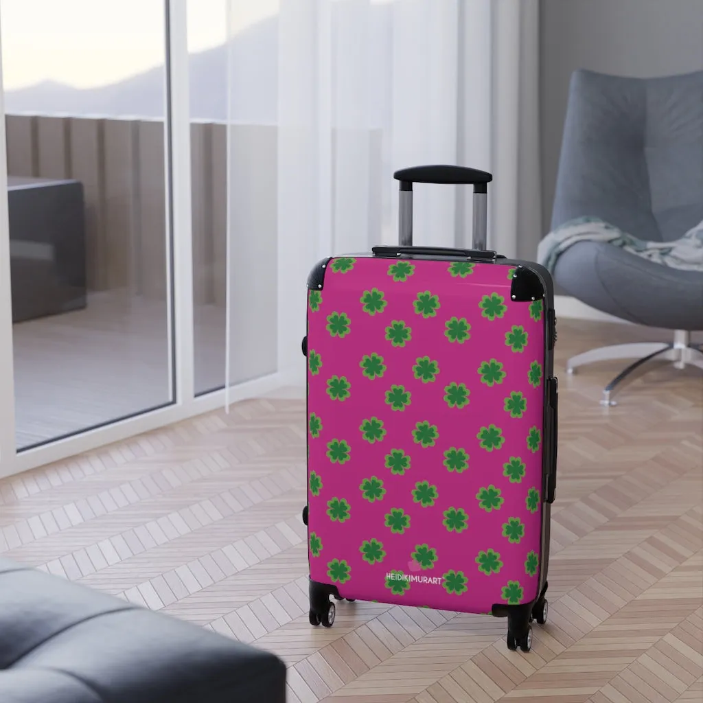 Hot Pink Clover Print Suitcases, Irish Style St. Patrick's Day Designer Suitcase Luggage (Small, Medium, Large)
