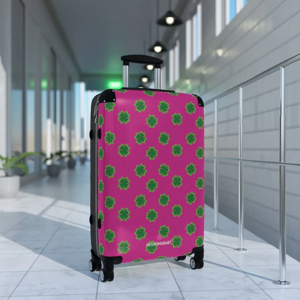 Hot Pink Clover Print Suitcases, Irish Style St. Patrick's Day Designer Suitcase Luggage (Small, Medium, Large)