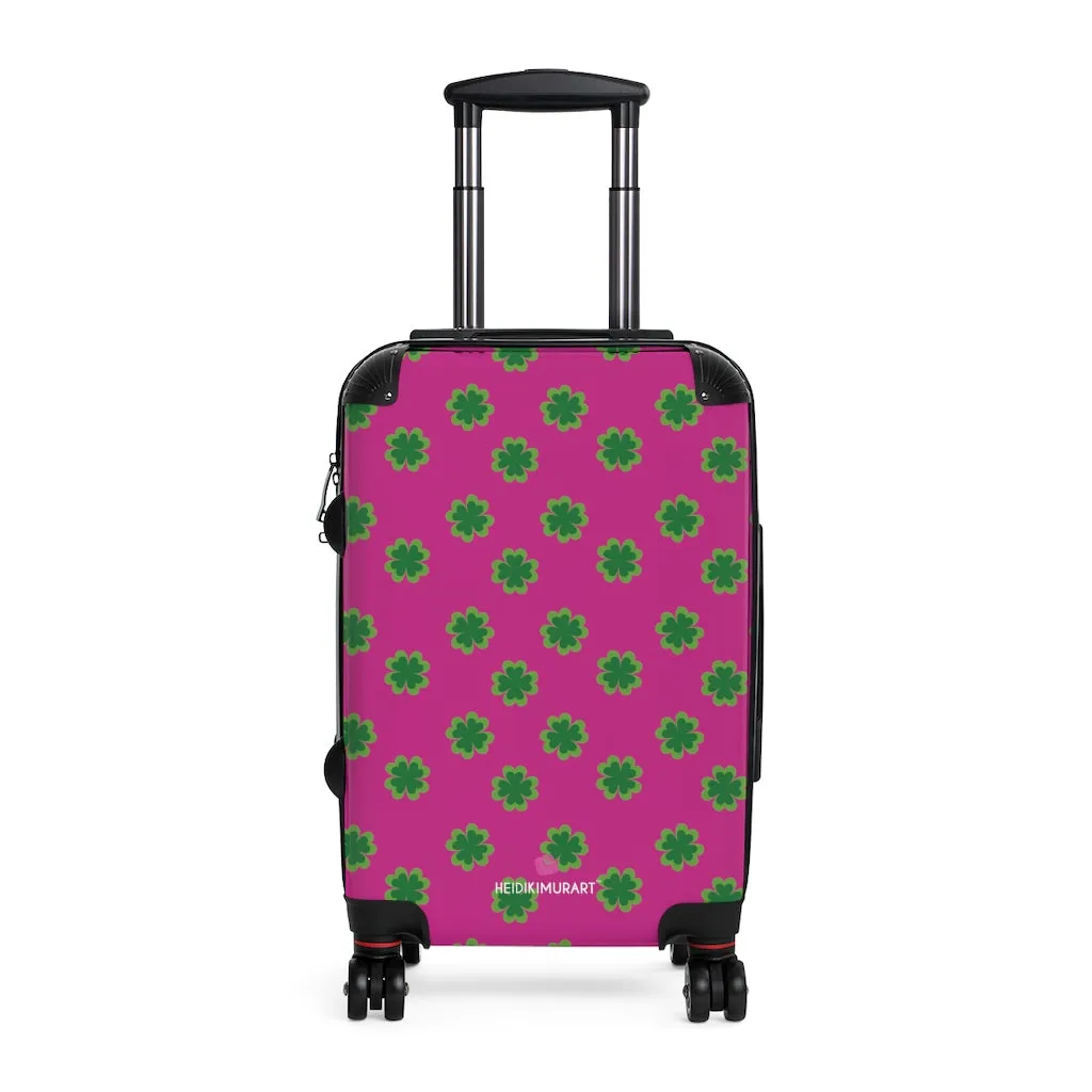 Hot Pink Clover Print Suitcases, Irish Style St. Patrick's Day Designer Suitcase Luggage (Small, Medium, Large)