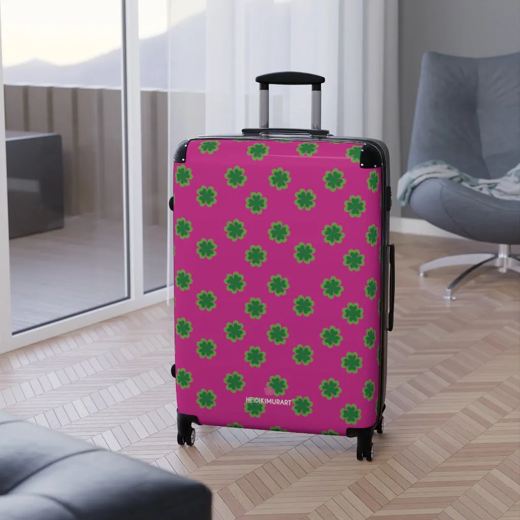Hot Pink Clover Print Suitcases, Irish Style St. Patrick's Day Designer Suitcase Luggage (Small, Medium, Large)