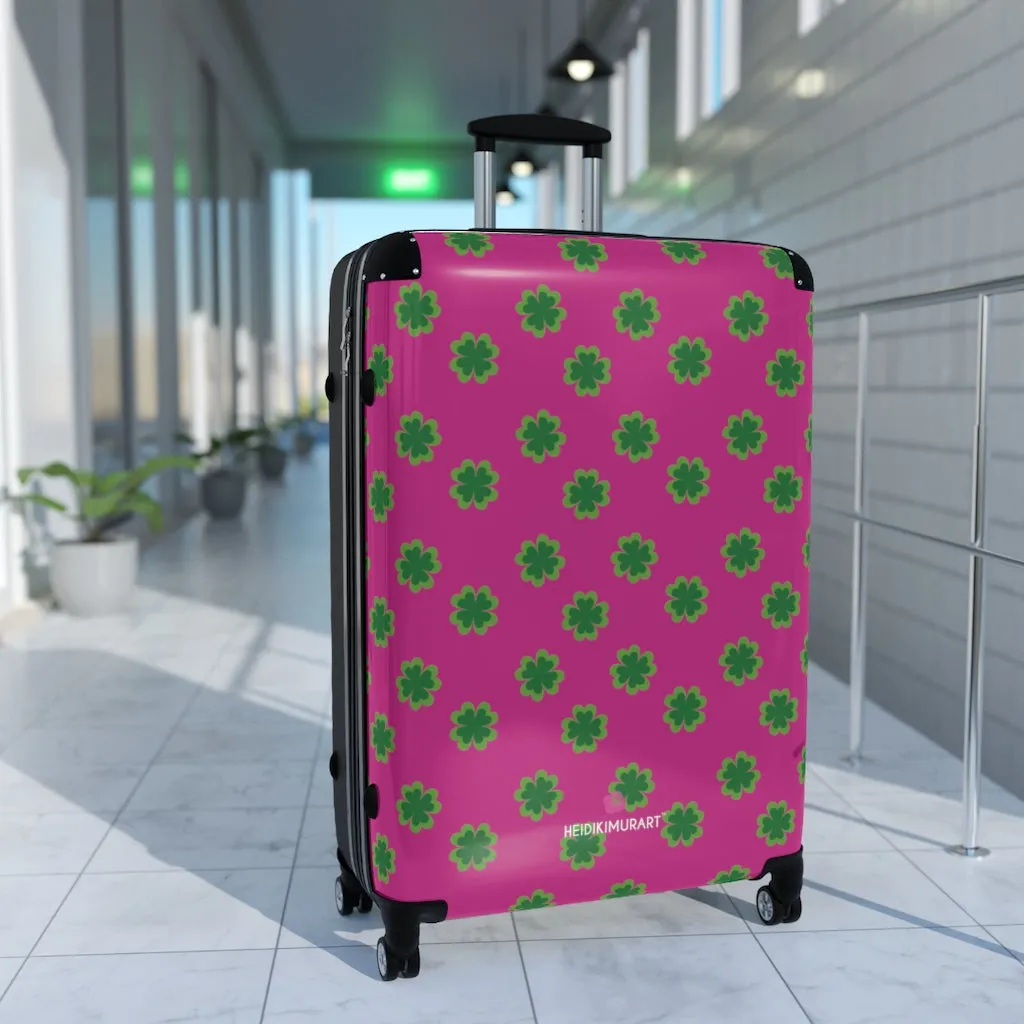 Hot Pink Clover Print Suitcases, Irish Style St. Patrick's Day Designer Suitcase Luggage (Small, Medium, Large)