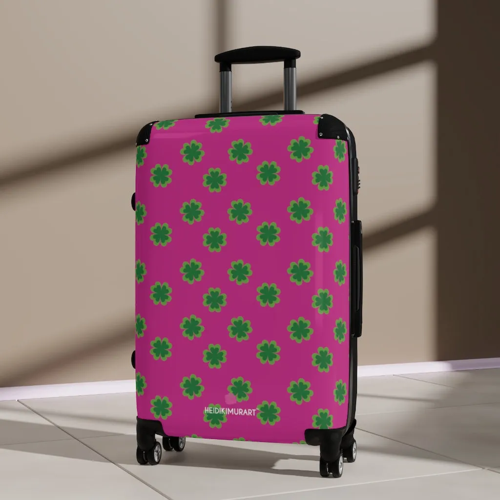 Hot Pink Clover Print Suitcases, Irish Style St. Patrick's Day Designer Suitcase Luggage (Small, Medium, Large)