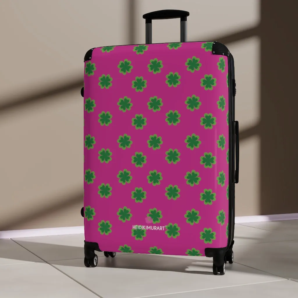 Hot Pink Clover Print Suitcases, Irish Style St. Patrick's Day Designer Suitcase Luggage (Small, Medium, Large)