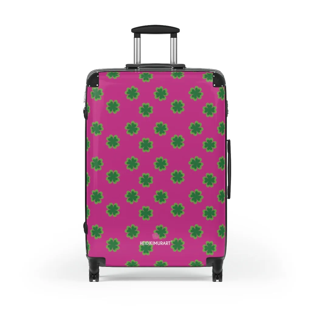 Hot Pink Clover Print Suitcases, Irish Style St. Patrick's Day Designer Suitcase Luggage (Small, Medium, Large)