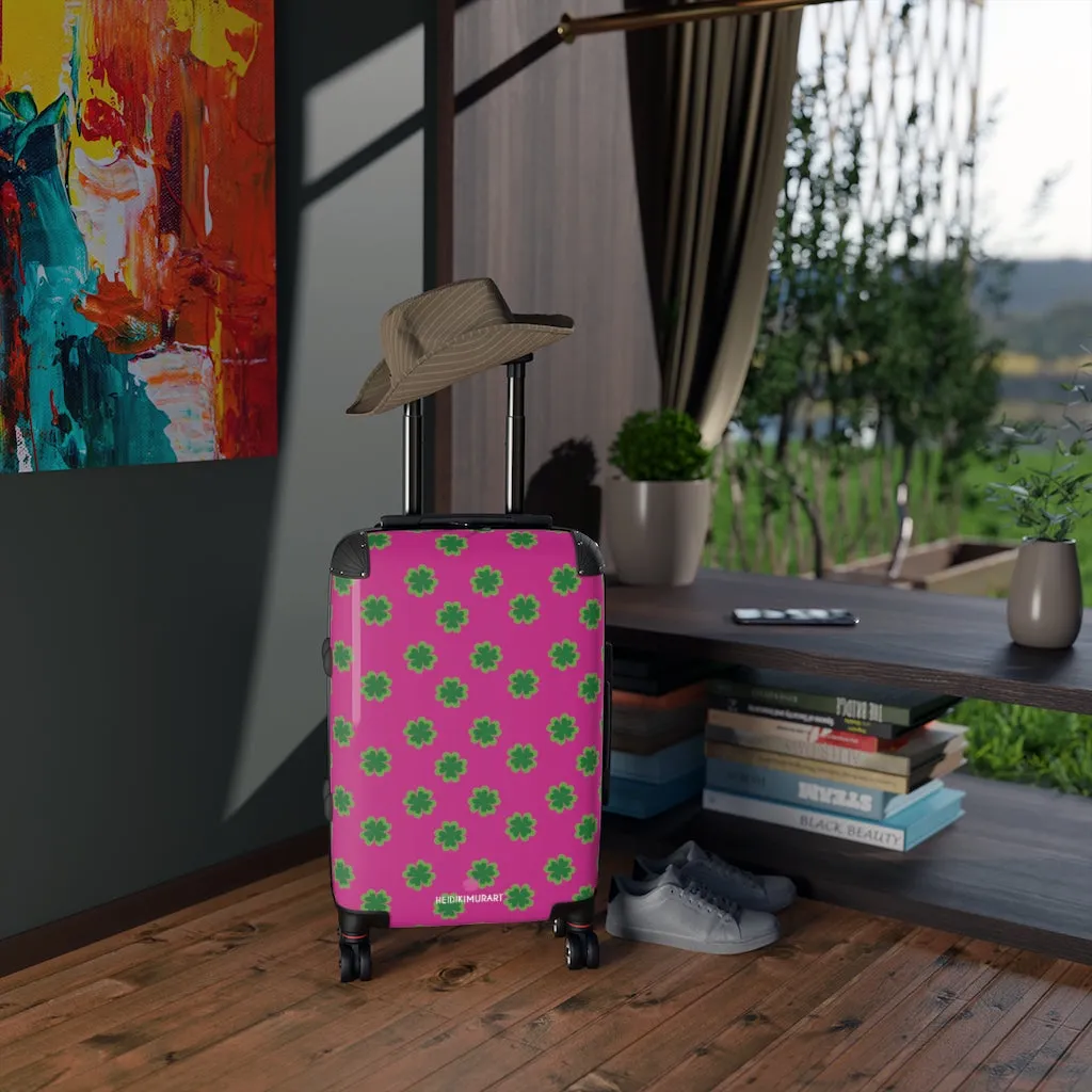 Hot Pink Clover Print Suitcases, Irish Style St. Patrick's Day Designer Suitcase Luggage (Small, Medium, Large)