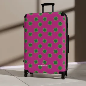 Hot Pink Clover Print Suitcases, Irish Style St. Patrick's Day Designer Suitcase Luggage (Small, Medium, Large)