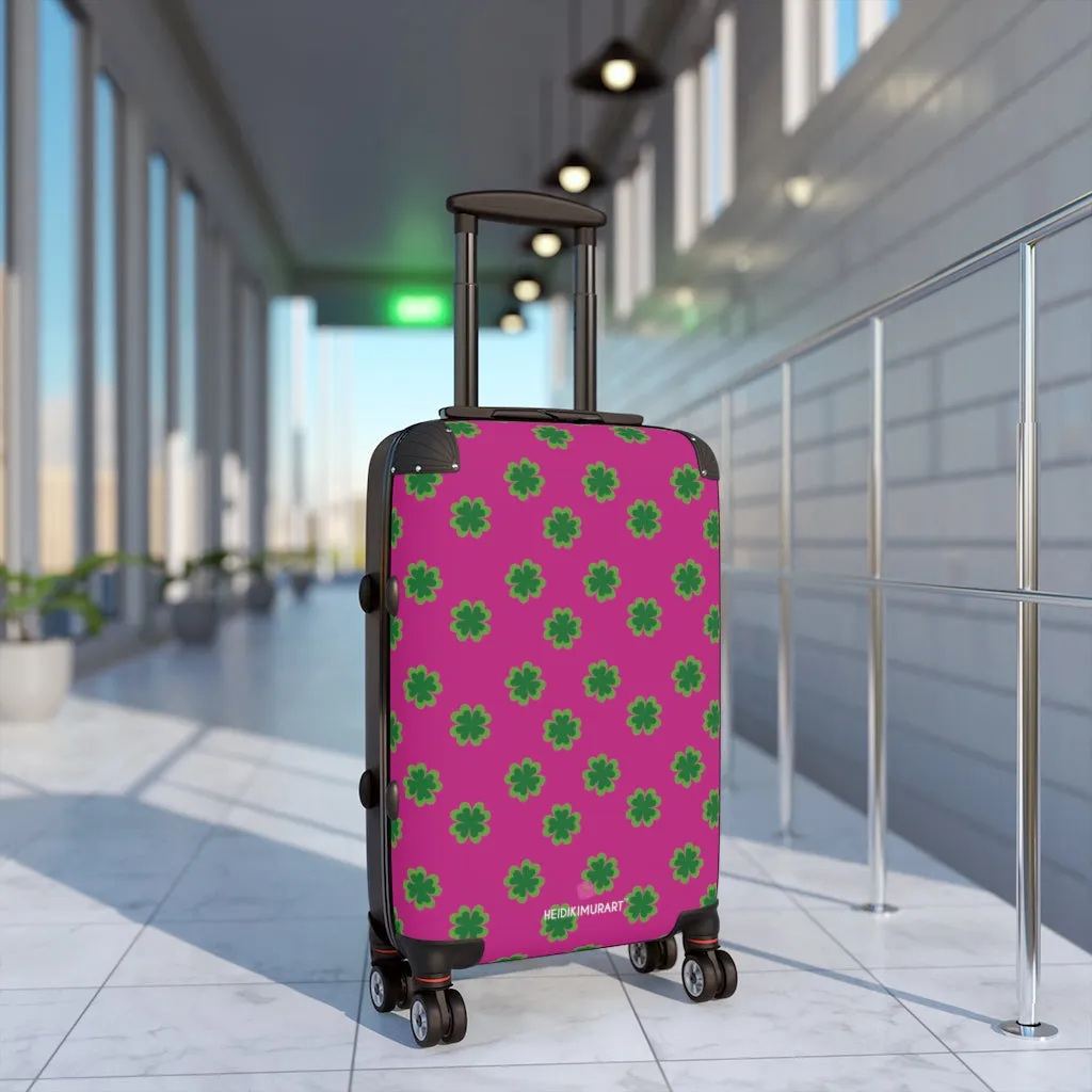 Hot Pink Clover Print Suitcases, Irish Style St. Patrick's Day Designer Suitcase Luggage (Small, Medium, Large)