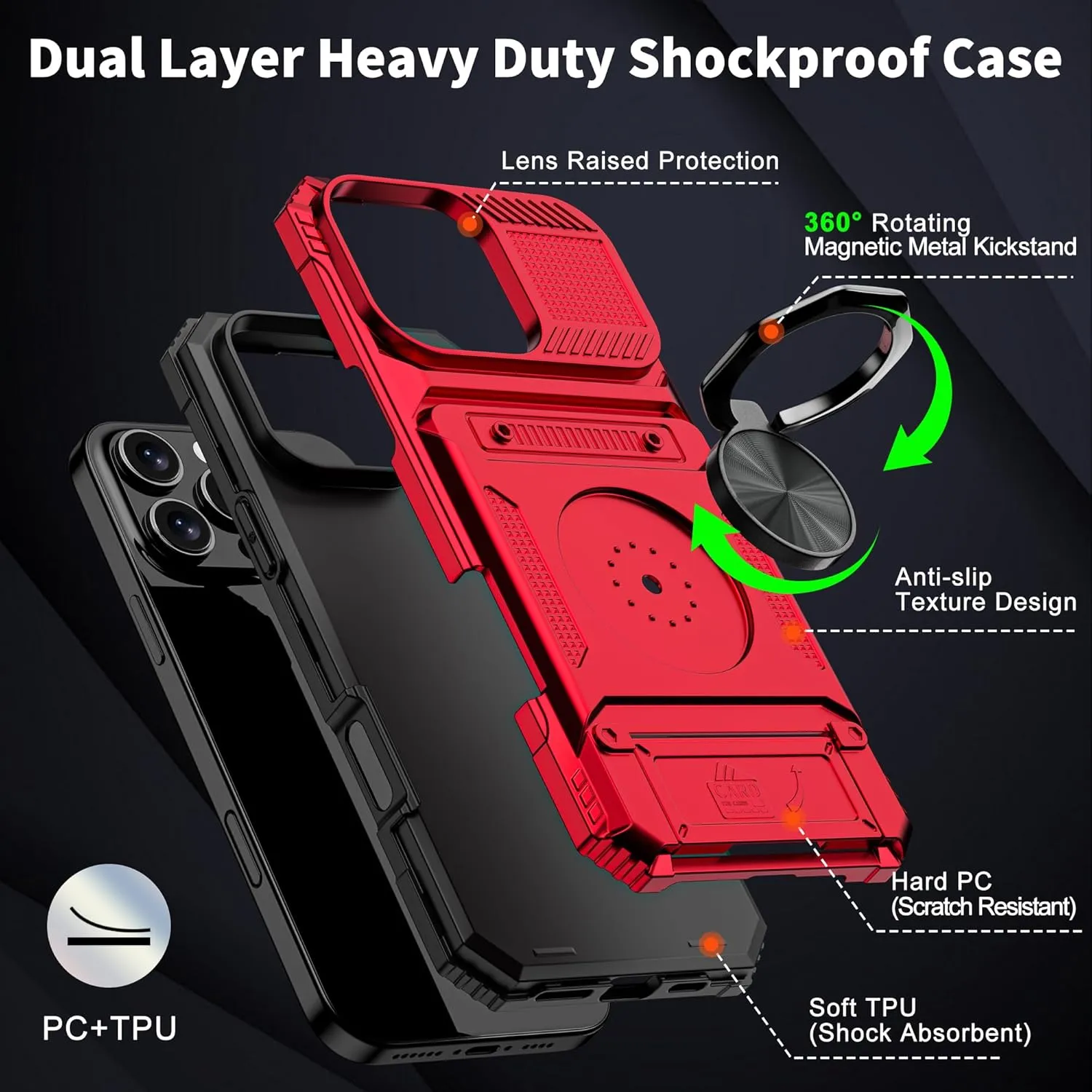 iPhone 16 Pro Case Holder Rotated Ring Stand Dual Layer Heavy Duty Drop Protection Wallet