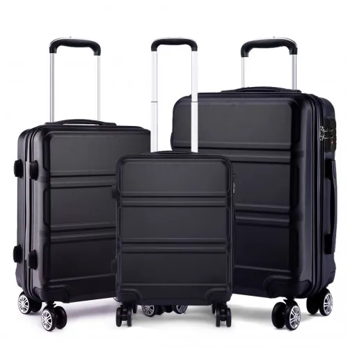 Kono ABS Sculpted Horizontal Design 3 Piece Suitcase Set - Black | Lightweight & Durable Luggage