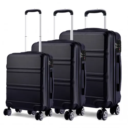 Kono ABS Sculpted Horizontal Design 3 Piece Suitcase Set - Black | Lightweight & Durable Luggage