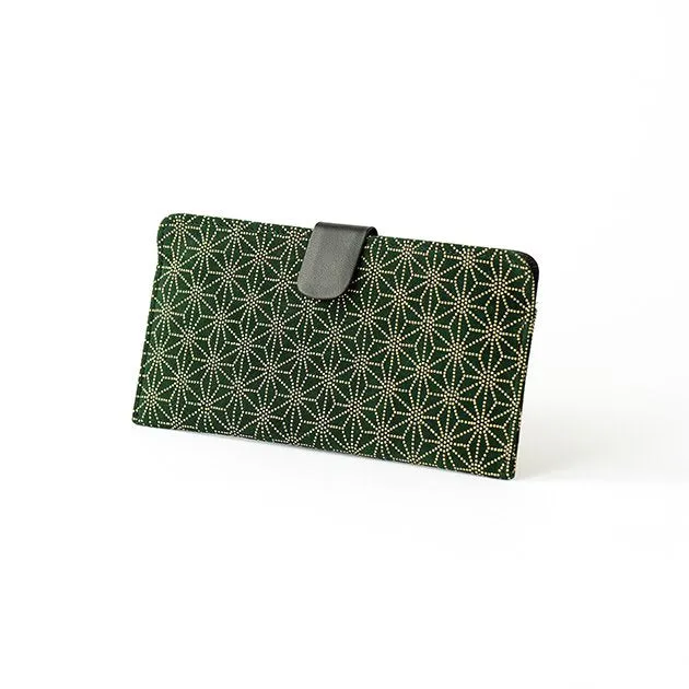 Koshu Inden Japanese Deerskin Leather with Urushi (Japanese Lacquer) Long Wallet - Asanoha (hemp leaf) Pattern / Dark Green - ,  Made in Japan,  Japanese Leather Wallet