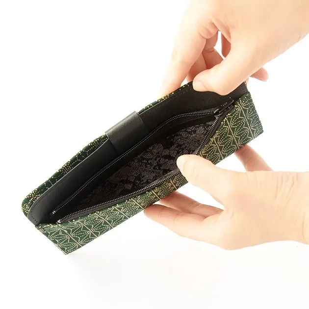 Koshu Inden Japanese Deerskin Leather with Urushi (Japanese Lacquer) Long Wallet - Asanoha (hemp leaf) Pattern / Dark Green - ,  Made in Japan,  Japanese Leather Wallet