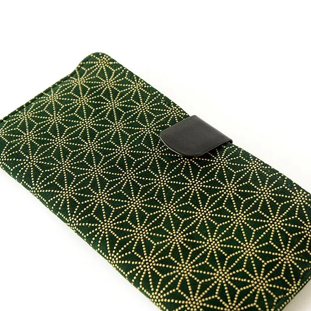 Koshu Inden Japanese Deerskin Leather with Urushi (Japanese Lacquer) Long Wallet - Asanoha (hemp leaf) Pattern / Dark Green - ,  Made in Japan,  Japanese Leather Wallet