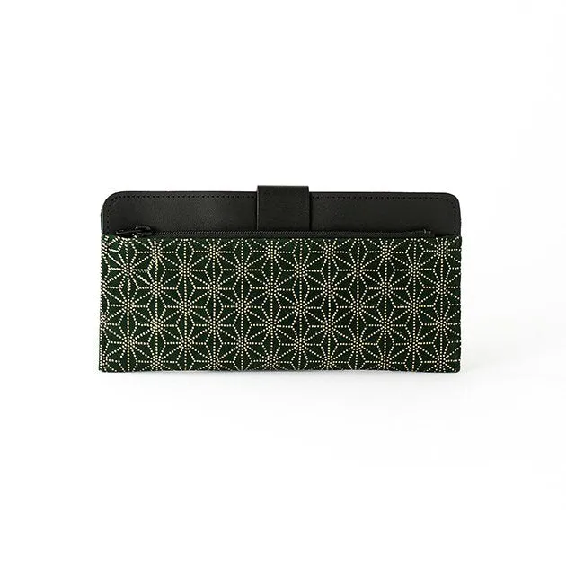 Koshu Inden Japanese Deerskin Leather with Urushi (Japanese Lacquer) Long Wallet - Asanoha (hemp leaf) Pattern / Dark Green - ,  Made in Japan,  Japanese Leather Wallet