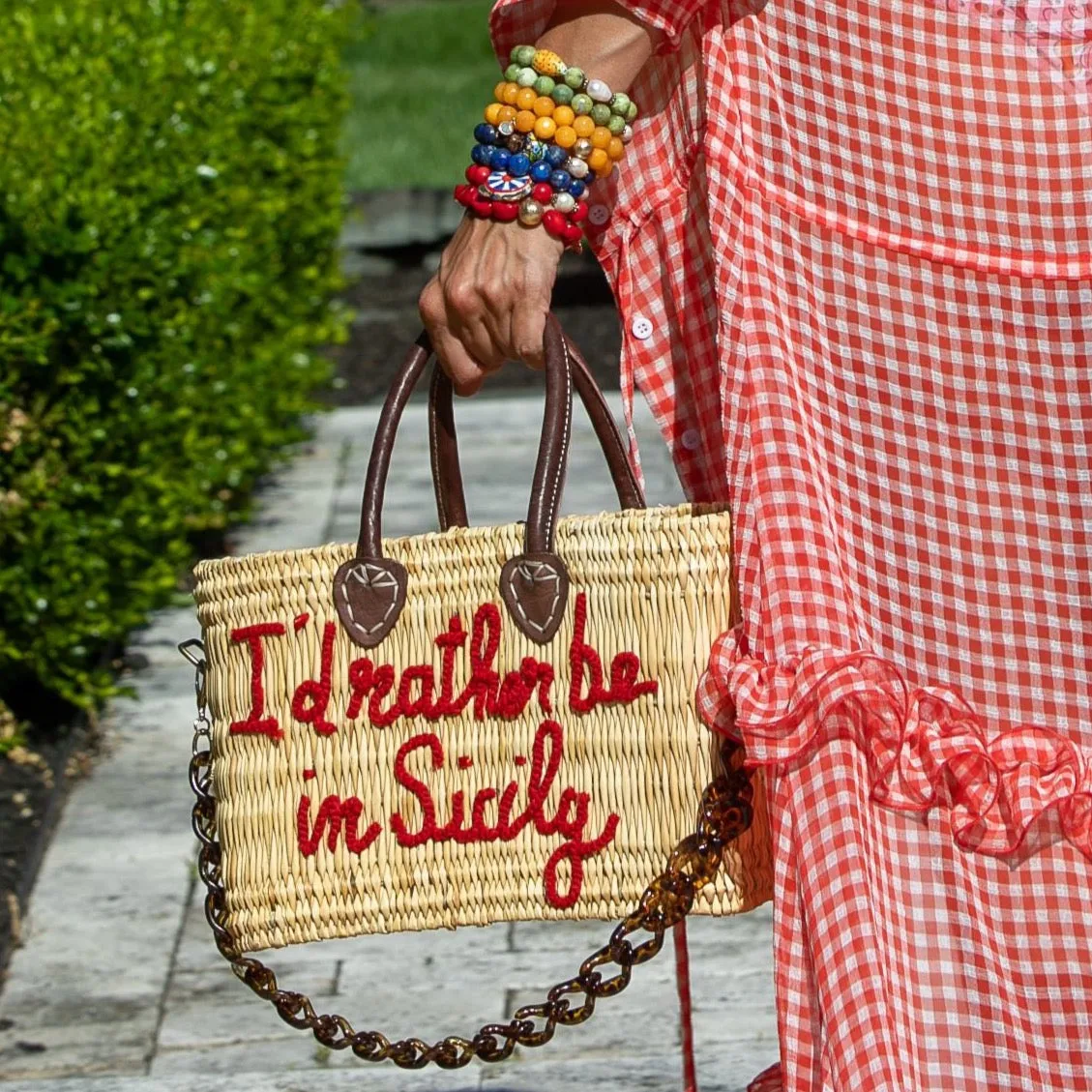 Lilliana I'd Rather Be In Sicily Leather Handle Reed Bag