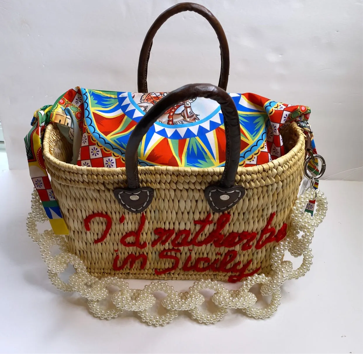 Lilliana I'd Rather Be In Sicily Leather Handle Reed Bag