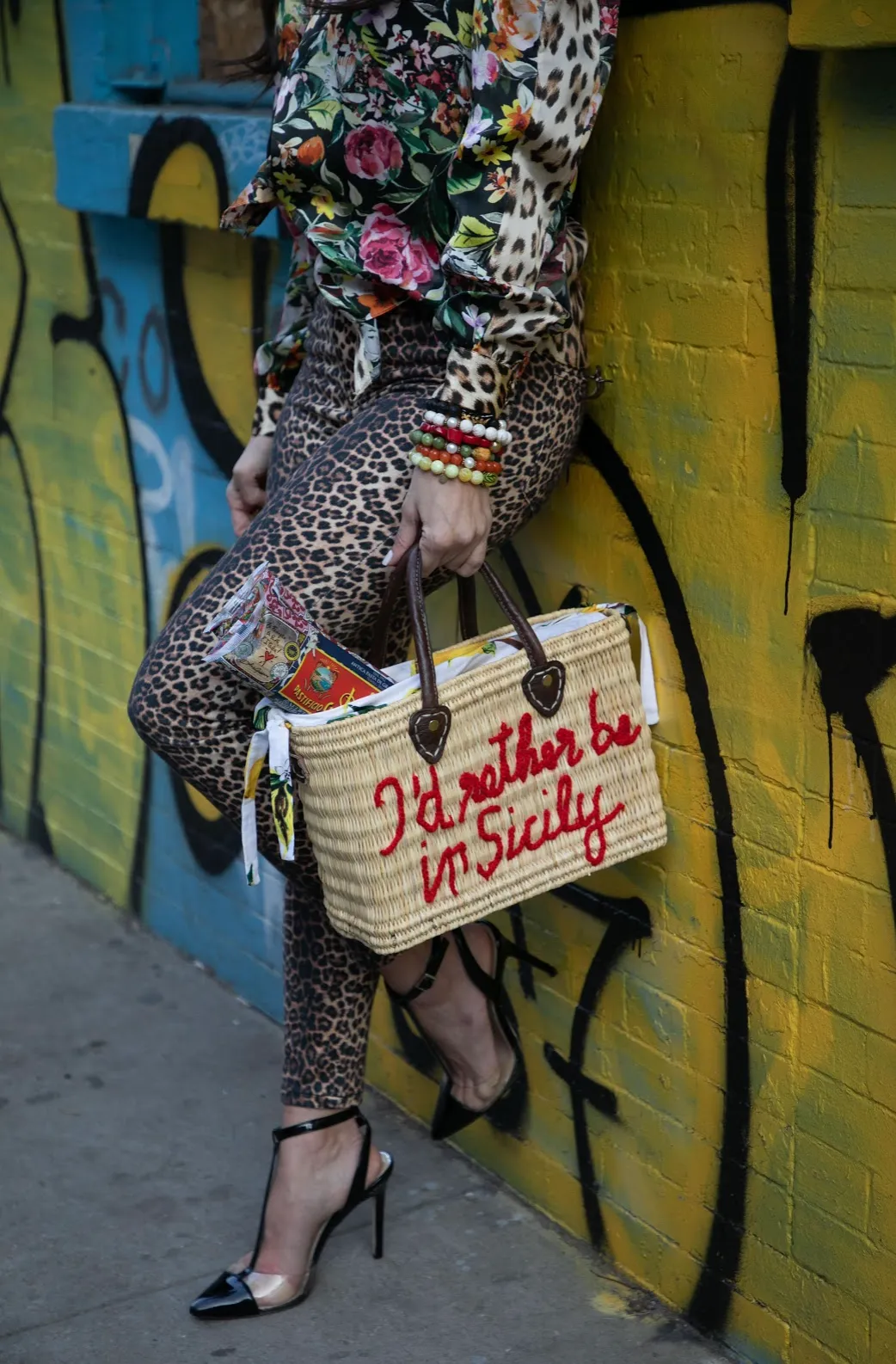 Lilliana I'd Rather Be In Sicily Leather Handle Reed Bag