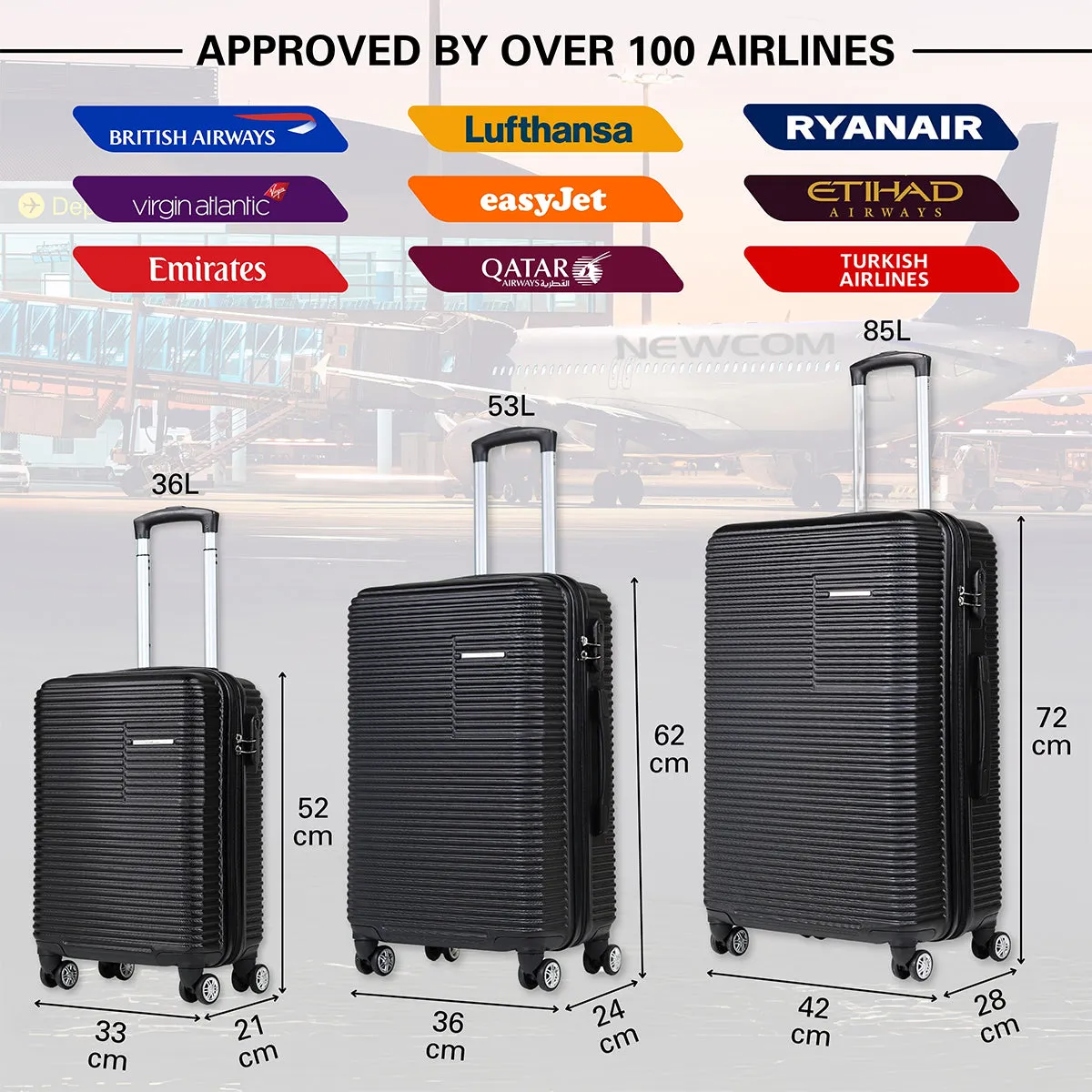 Newcom Hard Shell Trolley Suitcase 20/24/28" Set of 3 Black